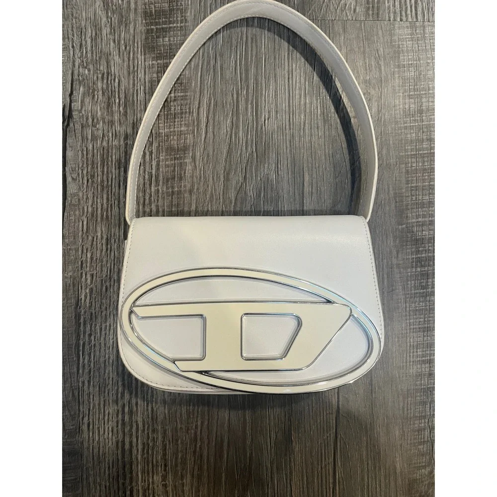 Autentic Diesel 1DR White Leather Shoulder Bag Oval D Logo Flap Handbag